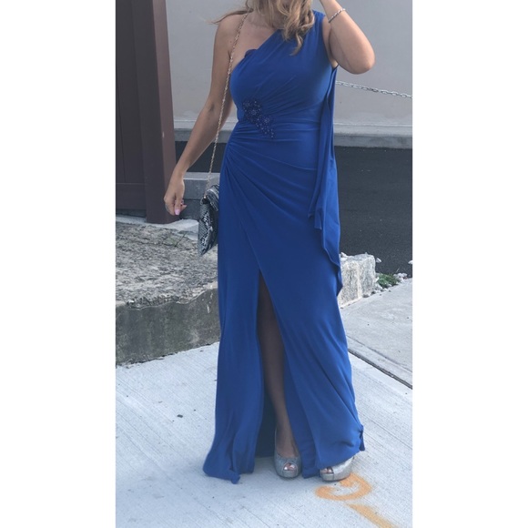 One Shoulder Beaded Brooch Draped Formal Gown - Picture 8 of 16